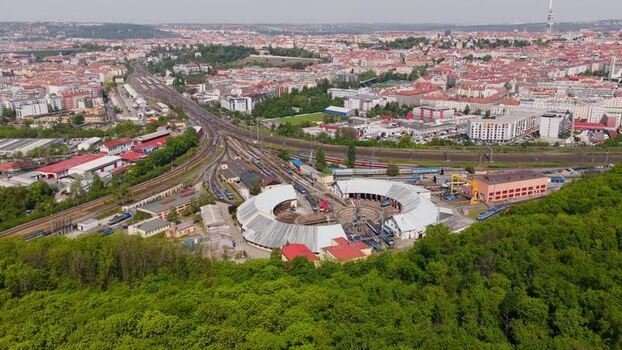 Aerial view of the railway roundhouse and city skyline Czechia. Aerial view of the railway roundhouse and city skyline Czechia.