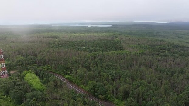Aerial view of Grand Bassin and surrounding forest Mauritius.