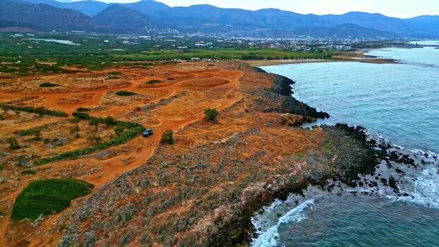 Aerial view of rugged coastline in Crete Greece.