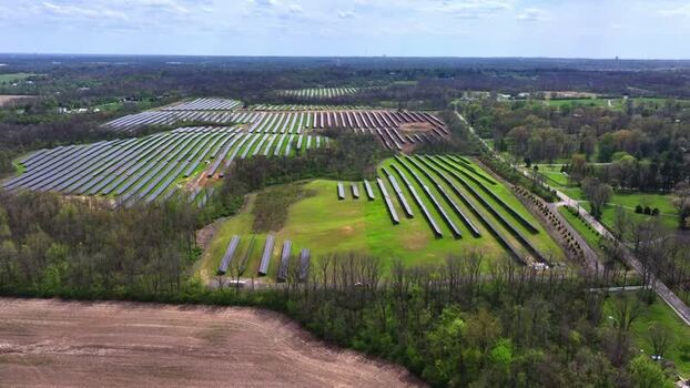 Aerial view of solar panels array United States.