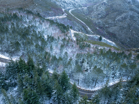 Aerial view of the snow covered pine forests and winding mountain roads of Serra da Estrela in Unhais da Serra Castelo Branco District Portugal. Aerial view of the snow covered pine forests and winding mountain roads of Serra da Estrela in Unhais da Serra Castelo Branco District Portugal.
