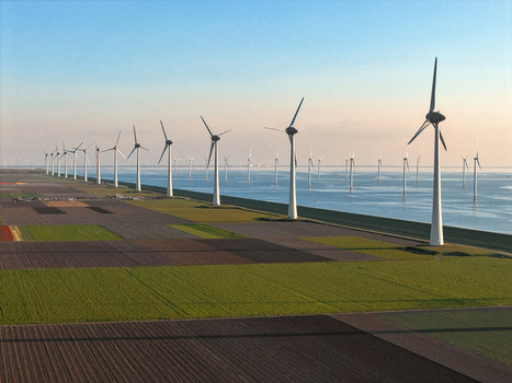 Aerial view of modern wind turbines standing in a row along a coastal dike next to colorful tulip fields under a clear blue sky in Netherlands.