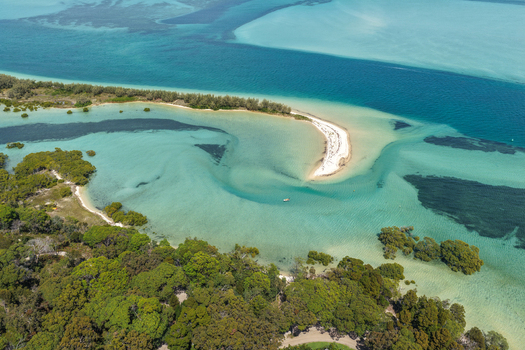 Aerial view of the turquoise waters and sandbars surrounding Moreton Island near Kooringal Queensland Australia. Aerial view of the turquoise waters and sandbars surrounding Moreton Island near Kooringal Queensland Australia.
