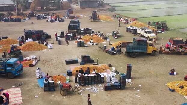 Aerial view of workers packing produce at a market Bangladesh.