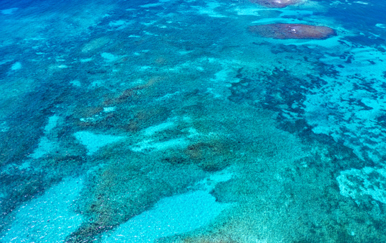 Aerial view of the vibrant coral reefs and crystal clear turquoise waters surrounding the island Guanaja Bay Islands Department Honduras. Aerial view of the vibrant coral reefs and crystal clear turquoise waters surrounding the island Guanaja Bay Islands Department Honduras.