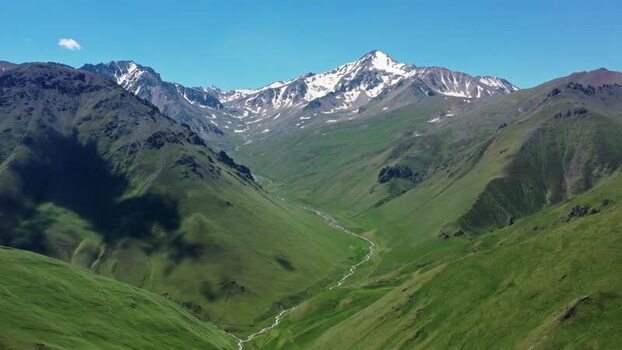 Aerial view of Caucasus Mountains and Elbrus in Russia.