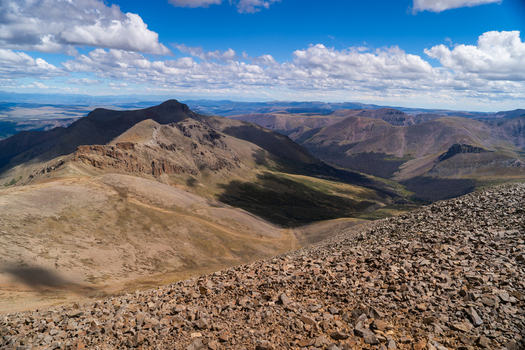View of the rugged mountain landscape and rocky slopes of San Luis Peak near the West Willow Creek Trailhead in Creede Colorado United States. View of the rugged mountain landscape and rocky slopes of San Luis Peak near the West Willow Creek Trailhead in Creede Colorado United States.