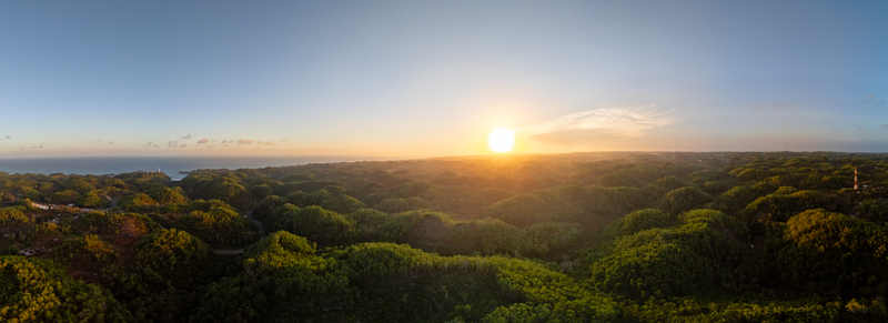 Aerial view of lush green karst hills under a golden sunset sky with the ocean visible in the distance in Tanjungsari Special Region of Yogyakarta Indonesia.