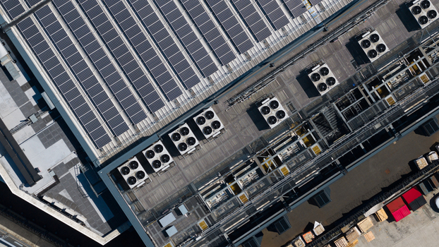 Aerial view of data center backup generators and HVAC systems in Hemel Hempstead Aerial view of data center backup generators and HVAC systems in Hemel Hempstead