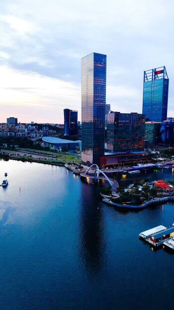 Aerial view of Elizabeth Quay and skyscrapers Australia.