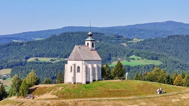 Aerial view of Wolfgangikirche Schwanberg Austria. Aerial view of Wolfgangikirche Schwanberg Austria.