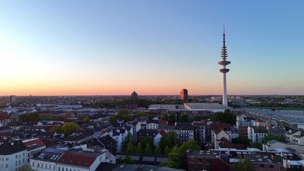 Aerial view of Heinrich Hertz Turm and the Hamburg skyline at sunset Germany.