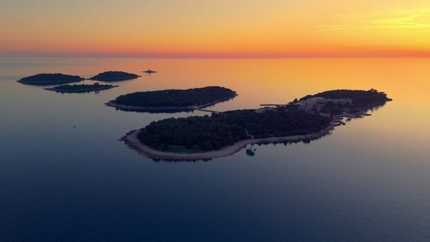 Aerial view of islands in the Adriatic Sea at sunset Croatia.