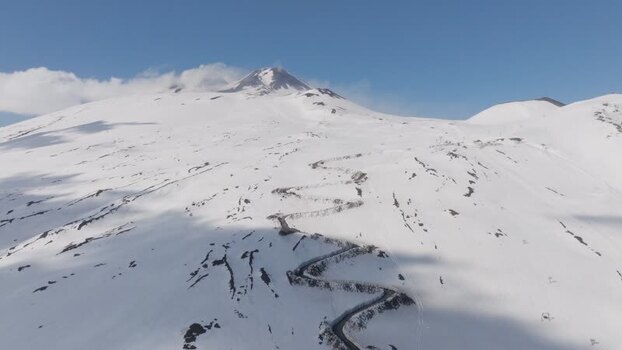 Aerial view of the winding road on snow covered Mount Etna Italy. Aerial view of the winding road on snow covered Mount Etna Italy.