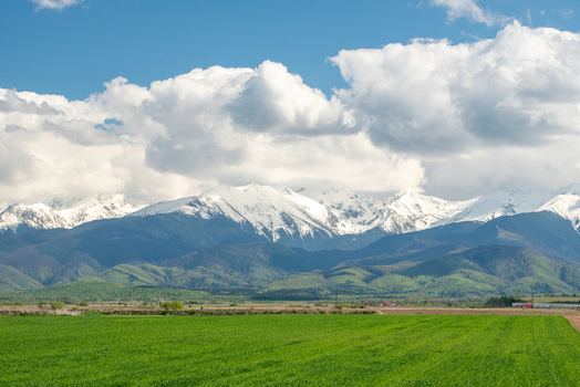 View of the snow capped peaks of the Fagaras Mountains rising above green foothills and a lush field in Nucsoara Arges Romania. View of the snow capped peaks of the Fagaras Mountains rising above green foothills and a lush field in Nucsoara Arges Romania.