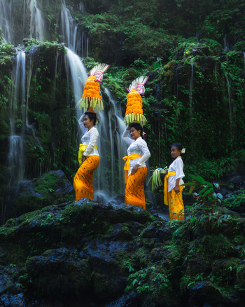 Bali Indonesia View of women gracefully walking through a mossy landscape carrying offerings beneath a cascading waterfall creating a serene and vibrant scene. Bali Indonesia View of women gracefully walking through a mossy landscape carrying offerings beneath a cascading waterfall creating a serene and vibrant scene.