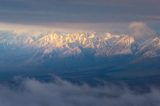 Aerial view of the snow capped White Mountains peaks glowing in golden sunrise light above a layer of thick white clouds Mono County California United States.