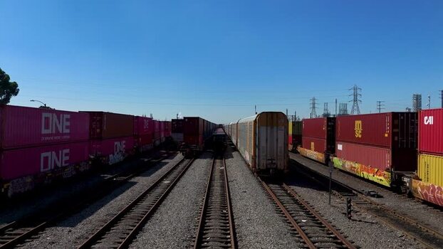 Aerial view of freight trains in Long Beach United States.