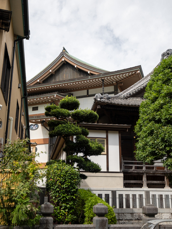 View of traditional Japanese architecture with dark roofs and white walls contrasts with manicured green foliage creating a serene scene Narita Chiba Japan. View of traditional Japanese architecture with dark roofs and white walls contrasts with manicured green foliage creating a serene scene Narita Chiba Japan.