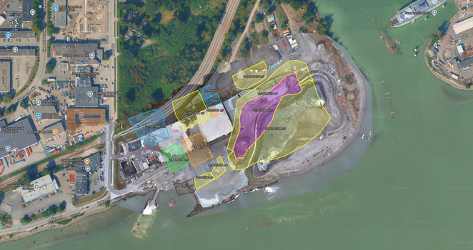 Aerial view of an industrial site with data mapped polygons and 3D model overlays along the waterfront in Richmond British Columbia Canada. Aerial view of an industrial site with data mapped polygons and 3D model overlays along the waterfront in Richmond British Columbia Canada.