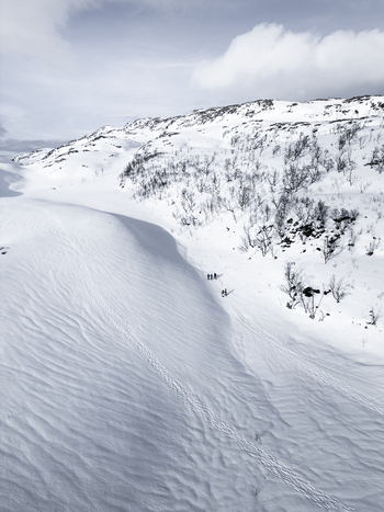 Aerial view of snowy mountain slopes with hikers trekking across the white landscape and sparse trees under a cloudy sky in Kvaloya Troms Norway. Aerial view of snowy mountain slopes with hikers trekking across the white landscape and sparse trees under a cloudy sky in Kvaloya Troms Norway.