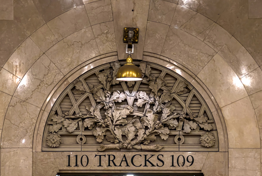 New York United States 14 May 2026 View of the ornate stone archway and decorative oak leaf relief above tracks 109 and 110 inside Grand Central Terminal. New York United States 14 May 2026 View of the ornate stone archway and decorative oak leaf relief above tracks 109 and 110 inside Grand Central Terminal.