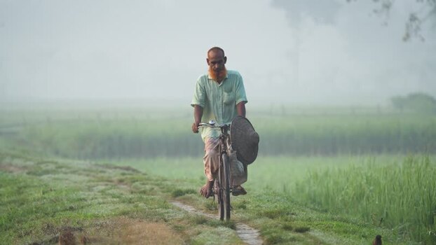 View of a man riding a bicycle through misty green fields Bangladesh.