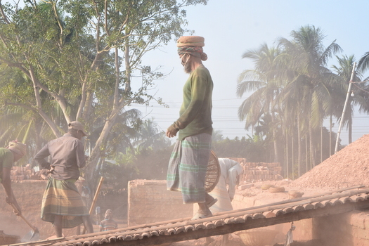 Kushtia District Khulna Division Bangladesh 28 November 2020 View of workers laboring in a dusty brick field surrounded by palm trees. Kushtia District Khulna Division Bangladesh 28 November 2020 View of workers laboring in a dusty brick field surrounded by palm trees.