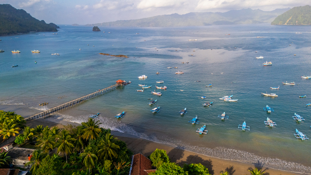 Aerial view of Prigi Beach with a long wooden pier numerous small fishing boats in the bay and lush palm trees along the sandy coastline in Kecamatan Watulimo Jawa Timur Indonesia. Aerial view of Prigi Beach with a long wooden pier numerous small fishing boats in the bay and lush palm trees along the sandy coastline in Kecamatan Watulimo Jawa Timur Indonesia.