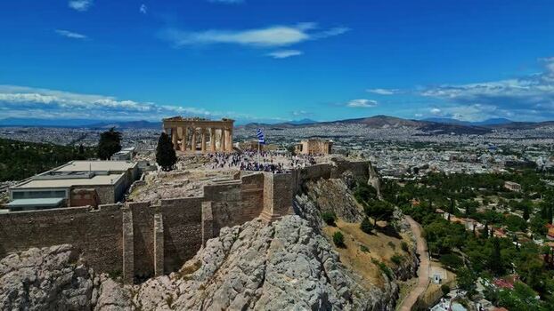 Aerial view of the Acropolis and Parthenon in Athens Greece.