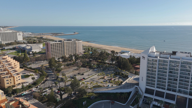 Aerial view of Vilamoura with large hotels sandy beach and the Atlantic Ocean in Quarteira Faro District Portugal.