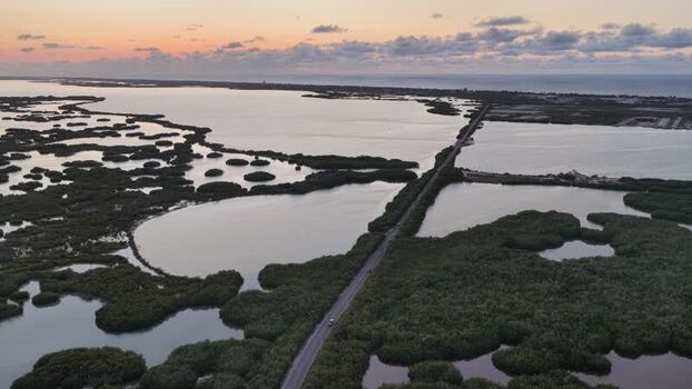 Aerial view of Yucalpeten lagoon and mangroves at sunset Mexico.