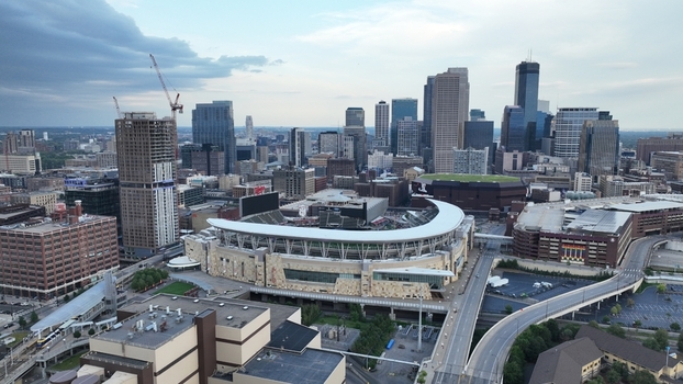 Aerial view of the Target Center stadium nestled amidst the towering skyscrapers a blend of modern architecture and urban landscape Minneapolis Minnesota United States.
