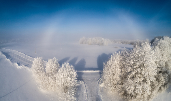 Aerial view of a snow covered landscape with frost covered trees and a sun halo in the clear blue sky in Latvia. Aerial view of a snow covered landscape with frost covered trees and a sun halo in the clear blue sky in Latvia.