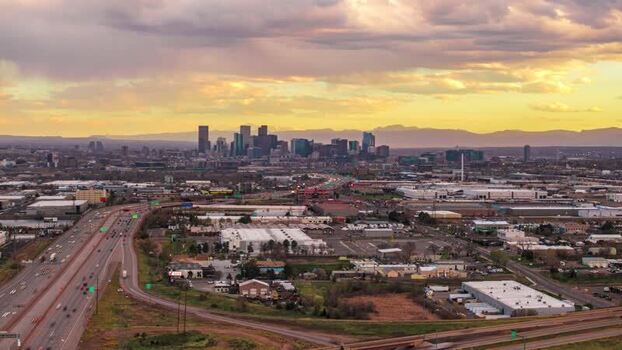 Aerial view of Denver skyline at sunset United States.