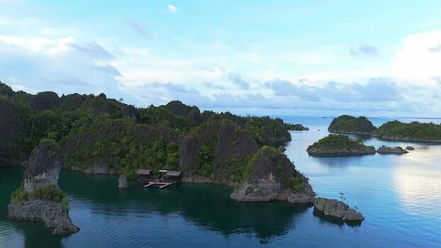 Aerial view of Piaynemo karst islands in Indonesia.