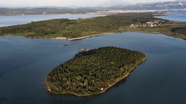 Aerial view of Zvernec Island and its wooden bridge Albania.