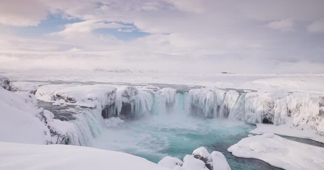 View of Godafoss waterfall in winter Iceland.