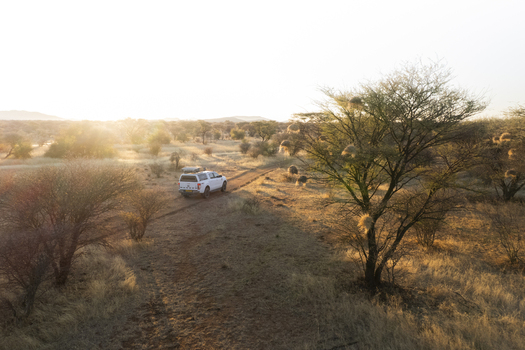 Aerial view of a white SUV traversing a dusty track through the arid landscape bathed in the warm glow of the setting sun Windhoek Namibia. Aerial view of a white SUV traversing a dusty track through the arid landscape bathed in the warm glow of the setting sun Windhoek Namibia.