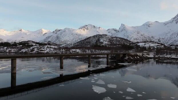 Aerial view of Lofoten bridge in Vagan Municipality Norway.