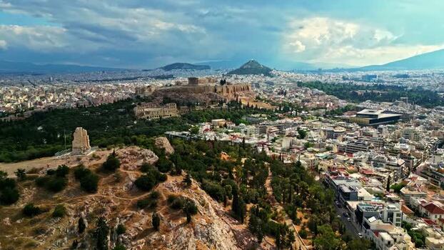 Aerial view of the Acropolis of Athens Greece.