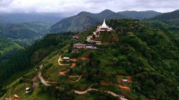 Aerial view of Ambuluwawa Temple in the mountains of Sri Lanka.