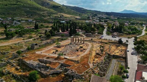Aerial view of Temple of Apollo in Ancient Corinth Greece.