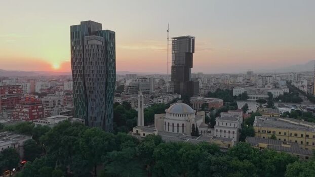 Aerial view of the city skyline and cathedral at sunset Albania.