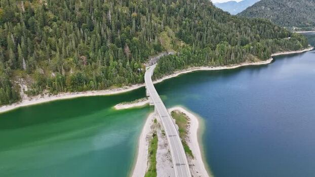 Aerial view of the bridge over Sylvensteinsee Germany.