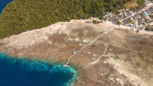 Aerial view of a long wooden pier extending into shallow turquoise waters a coastal village sandy beach and lush tropical forest in Raja Ampat Southwest Papua Indonesia.