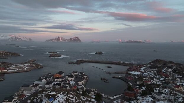 Aerial view of Lofoten coastal village in Norway.