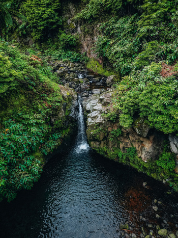 Aerial view of a cascade of water plunging into a dark pool surrounded by vibrant green foliage and rocky terrain Achada Açores Portugal. Aerial view of a cascade of water plunging into a dark pool surrounded by vibrant green foliage and rocky terrain Achada Açores Portugal.