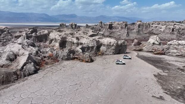 Aerial view of off road vehicles in the Danakil Desert Ethiopia.