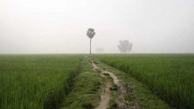 View of a dirt path through green fields in the fog Bangladesh. View of a dirt path through green fields in the fog Bangladesh.